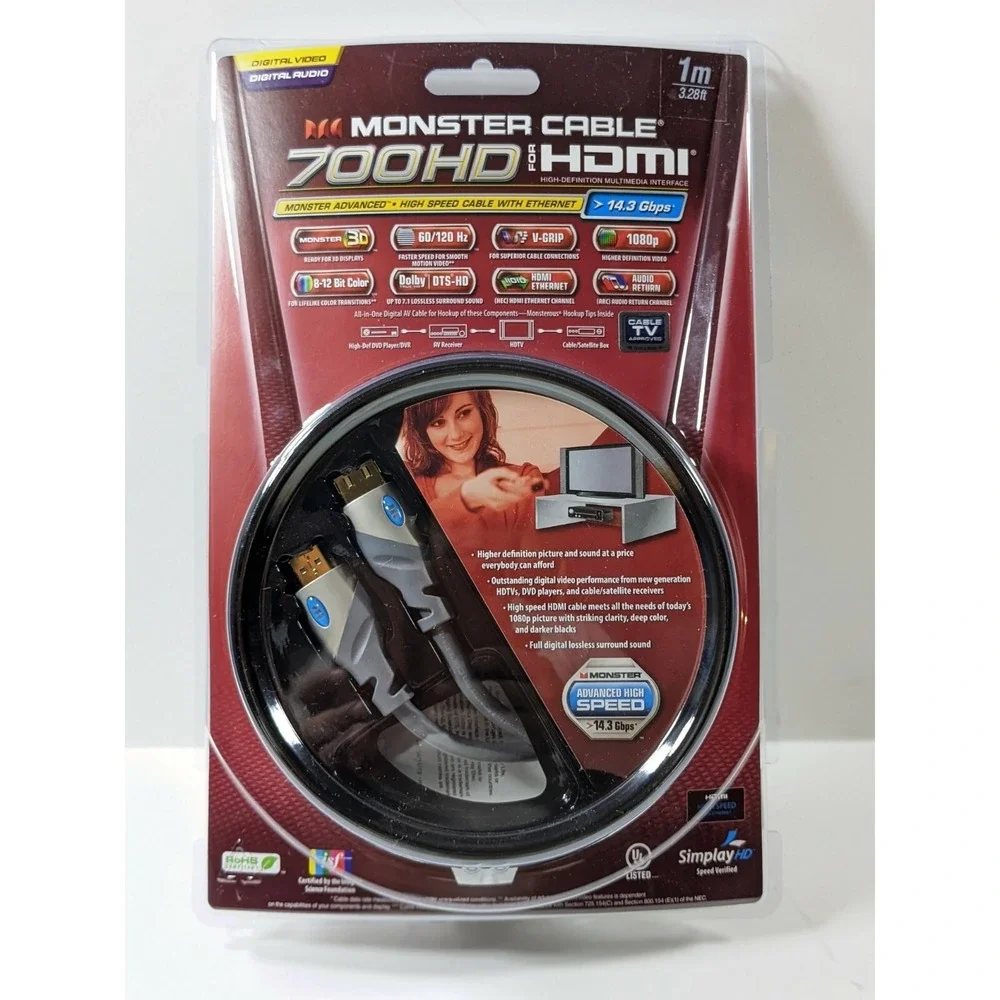 Monster Cable 700HD High Speed HDMI Cable with Ethernet 1m 3.28ft 14.3 Gbps